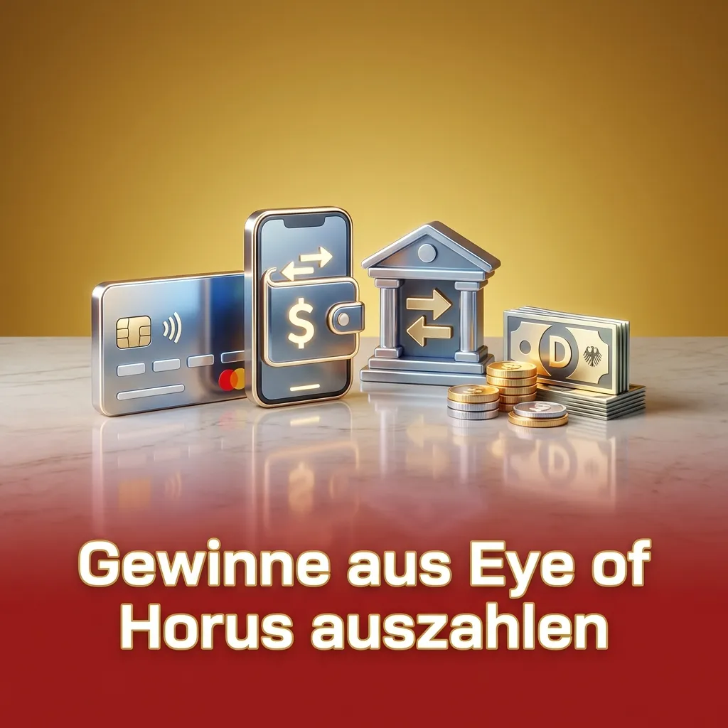 Grafik erklärt Schritt für Schritt, wie Gewinne aus Eye of Horus verifiziert und auf ein Referenzkonto ausgezahlt werden