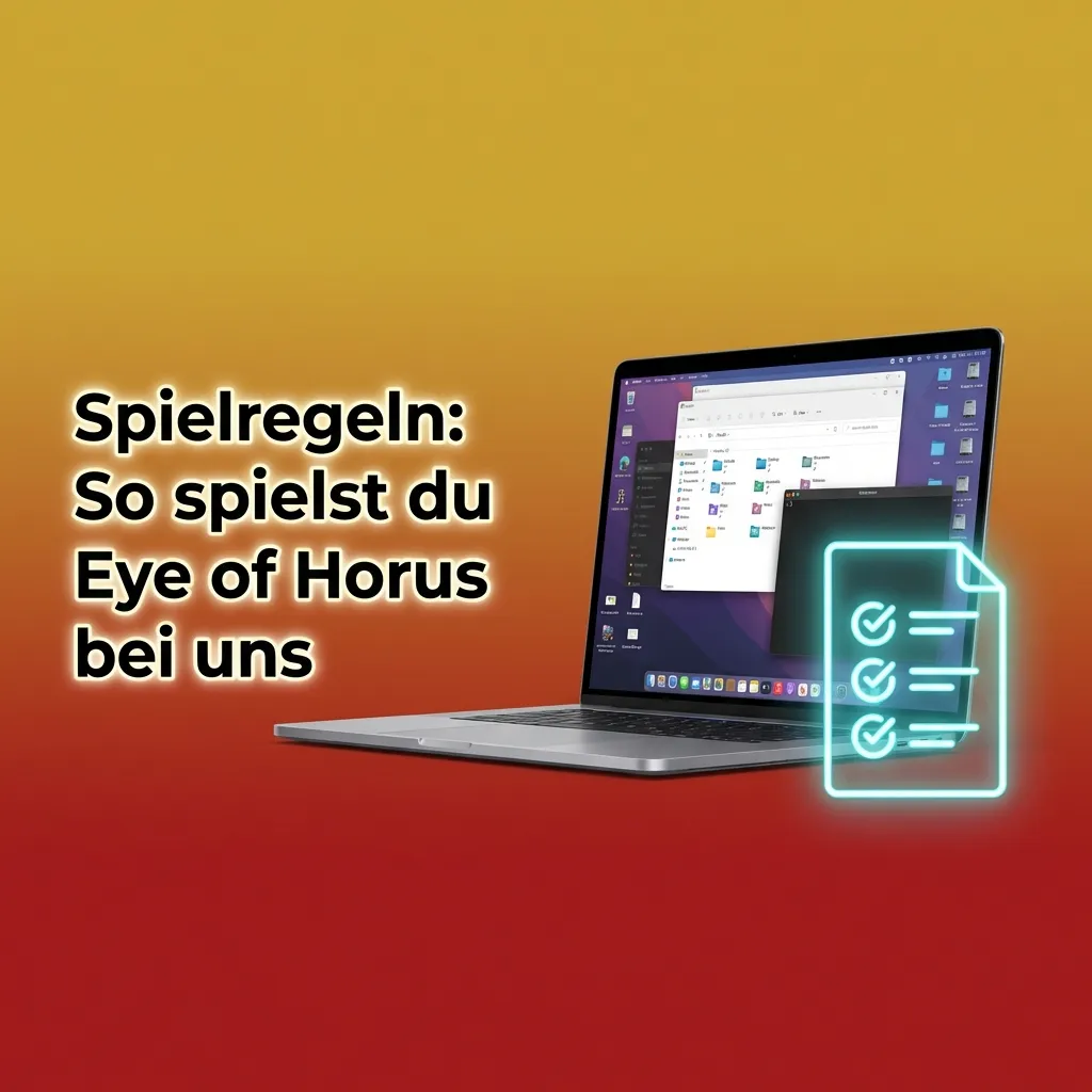 Infografik zu Eye of Horus Slot-Regeln: 5 Walzen, 10 Linien, Wild- und Scatter-Symbole, Freispiele und deutsche Einsatzlimits
