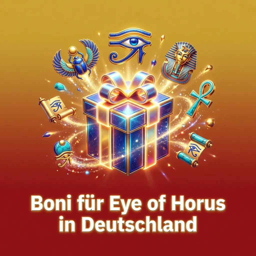 Grafik zu Eye of Horus Boni in deutschen Online-Casinos mit Willkommensbonus, Freispielen und Cashback-Hinweisen