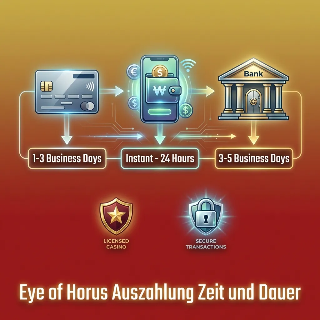 Grafik zu Eye of Horus Auszahlungszeiten mit Symbolen für E-Wallet, Banküberweisung und Kreditkarte