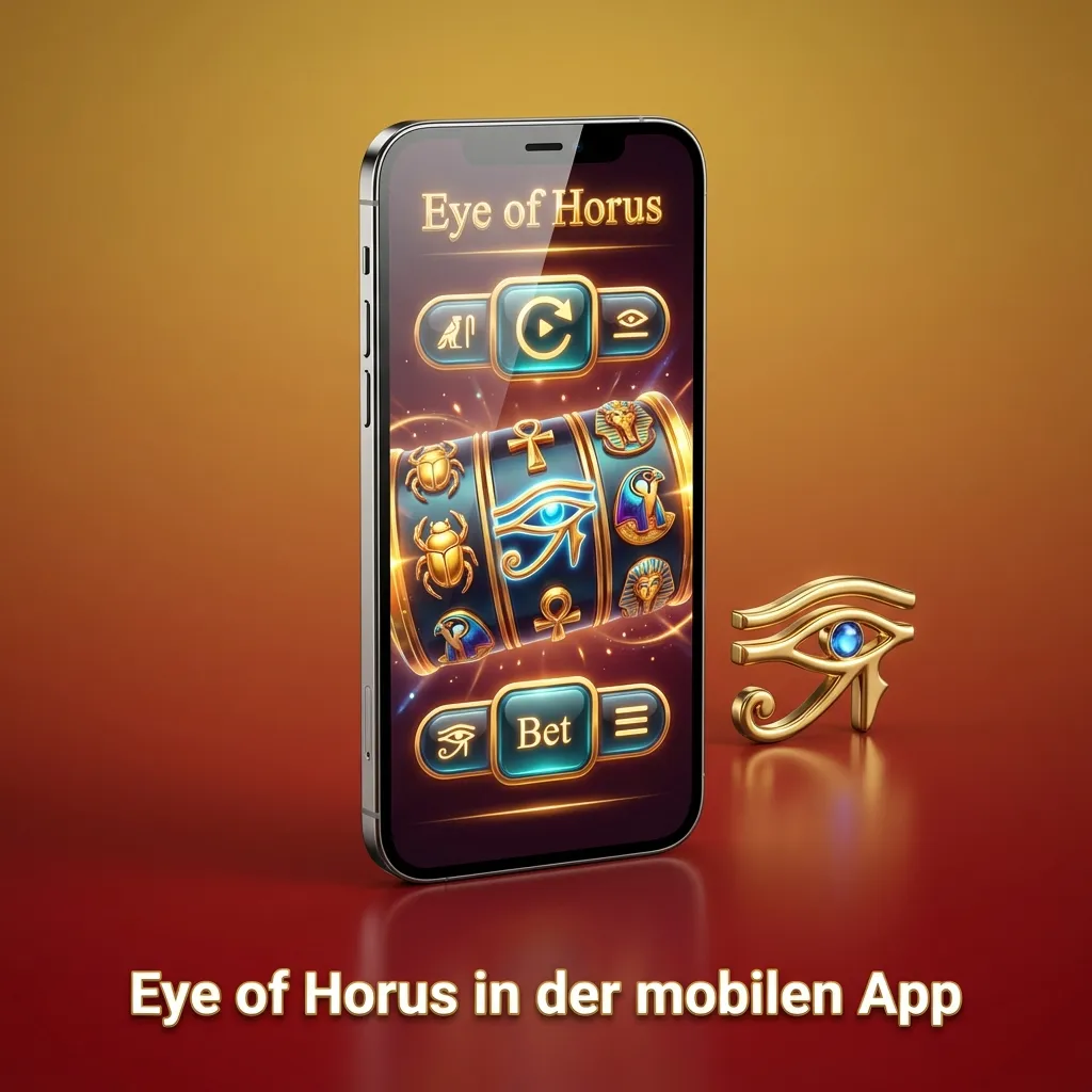 Smartphone mit geöffneter Eye of Horus Casino-App, Slot-Symbolen und Touch-Bedienung auf dem Bildschirm