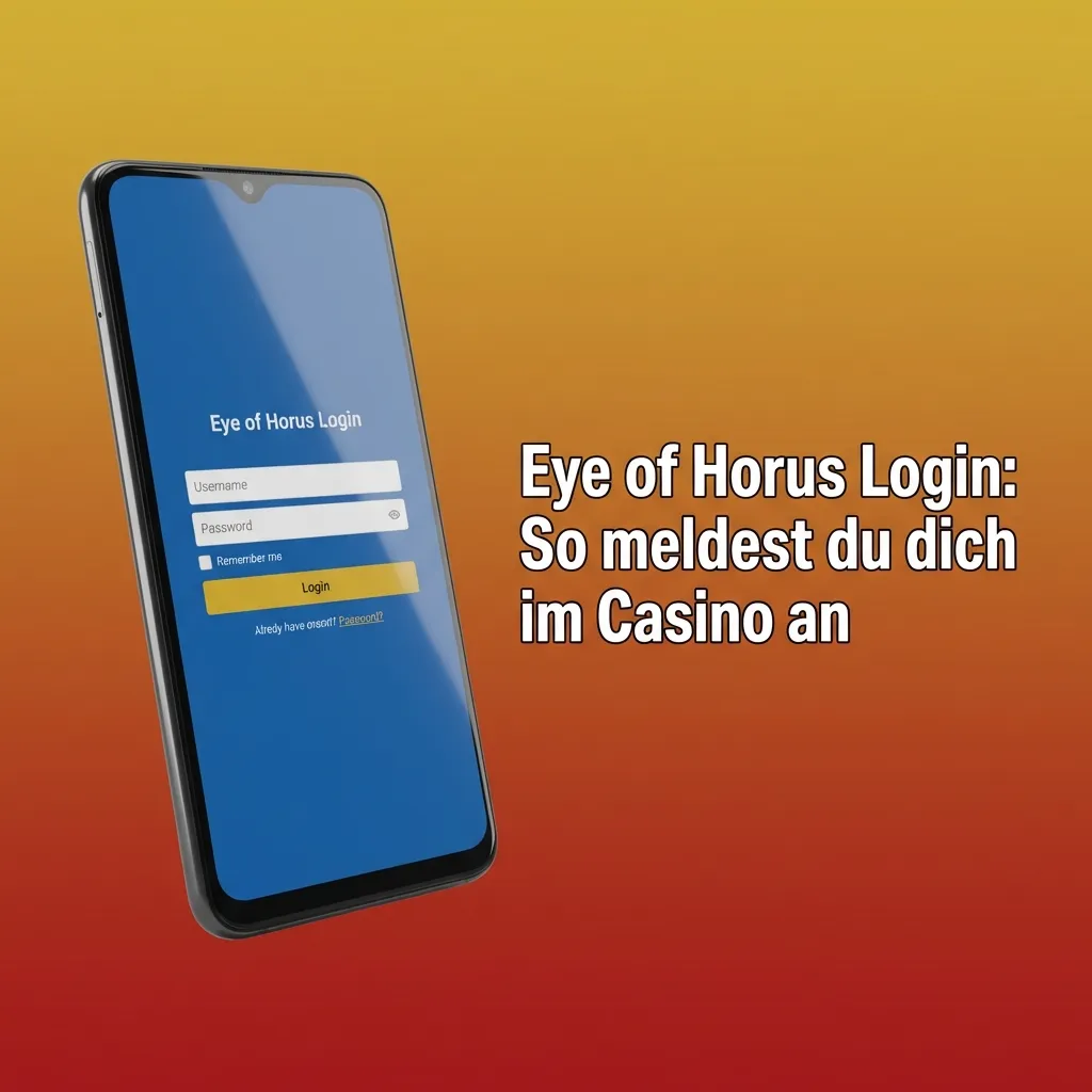 Illustration of Eye of Horus casino login steps on desktop and mobile with form fields and Eye of Horus slot preview