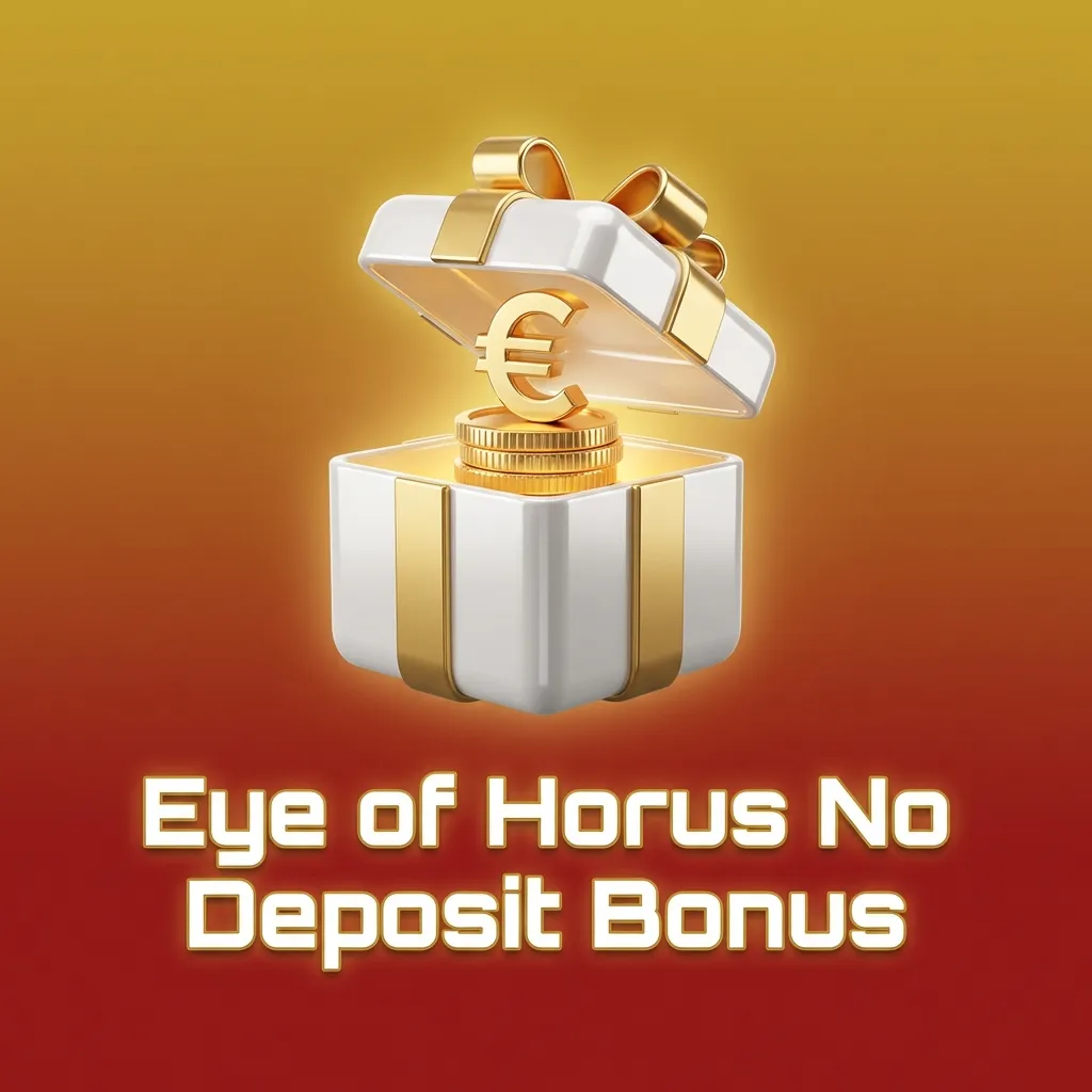 Banner mit Eye of Horus Slot-Symbolen und Text „No Deposit Bonus“ vor stilisiertem Casino-Hintergrund