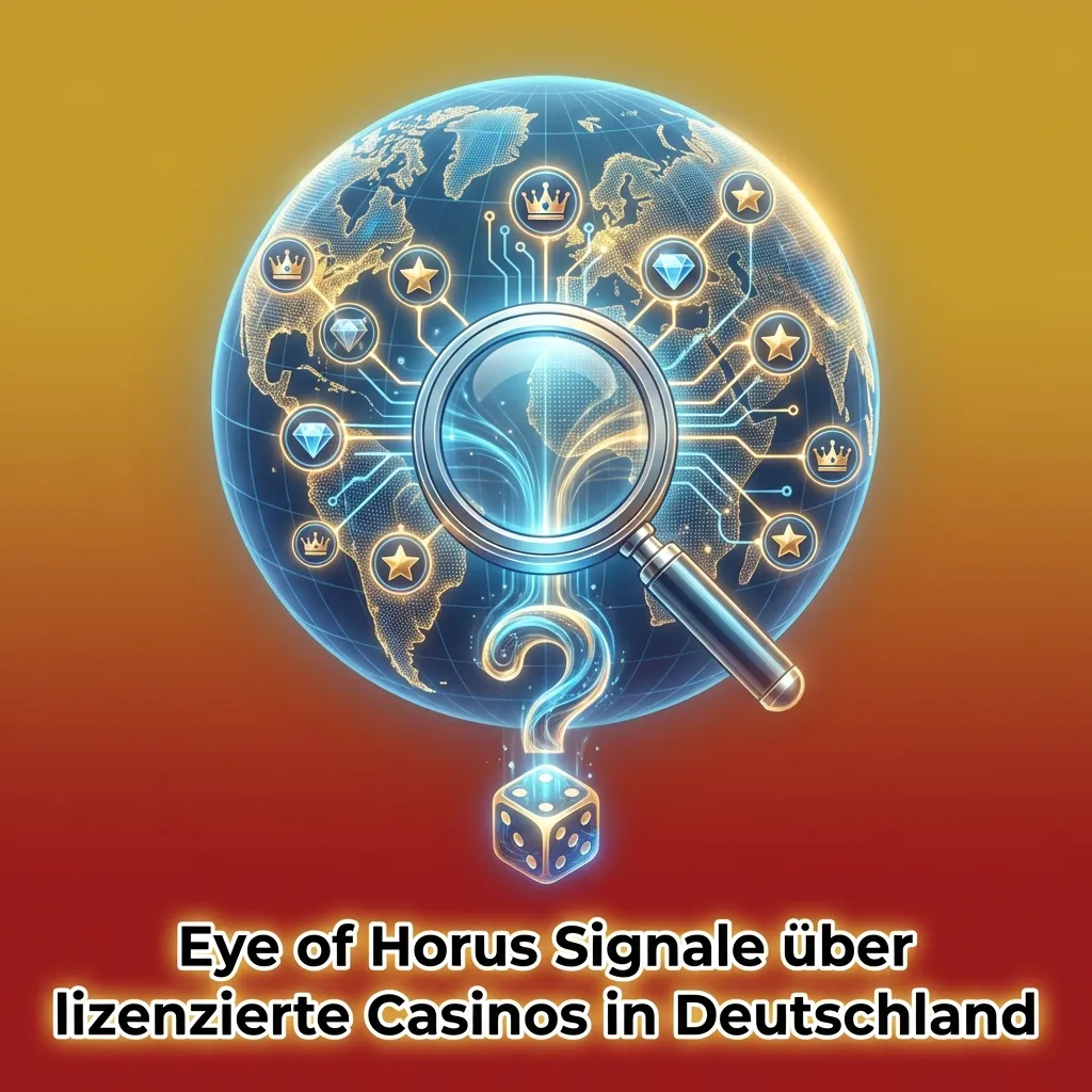 Illustration of Eye of Horus Slot vor Monitor mit Logos lizenzierter deutscher Online-Casinos Lapalingo und Jokerstar