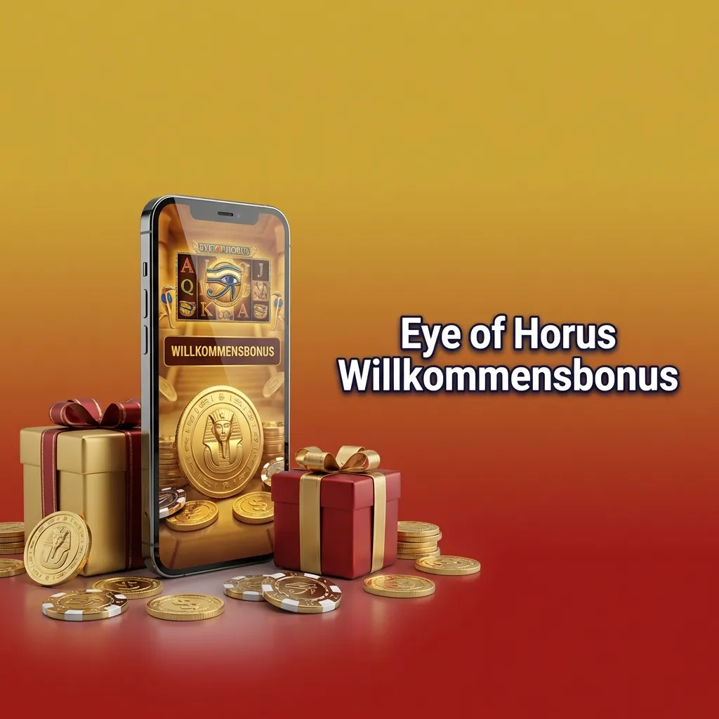 Banner mit „Eye of Horus Willkommensbonus“ und Symbolen des Spielautomaten, Text zu Match-Bonus und Free Spins für neue Spieler