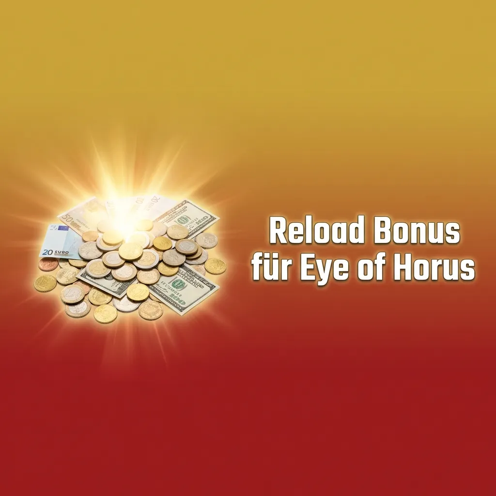 Werbegrafik zu Reload Bonus für Eye of Horus mit Slot-Symbolen und Hinweis auf Einzahlungsbonus und Free Spins