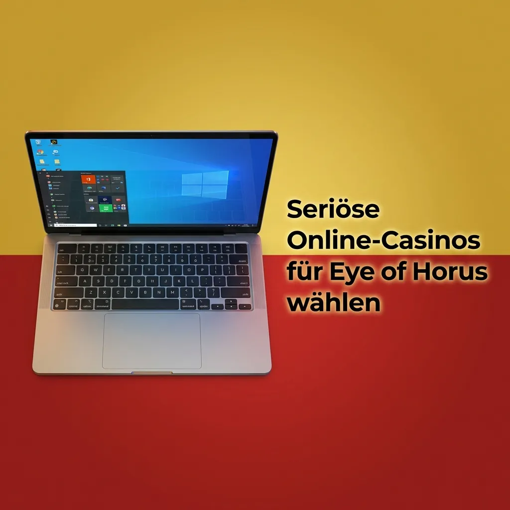 Bildschirm mit Eye-of-Horus-Slot, daneben Symbole für Lizenzen, Zahlungsarten, Bonusangebote und Kundensupport