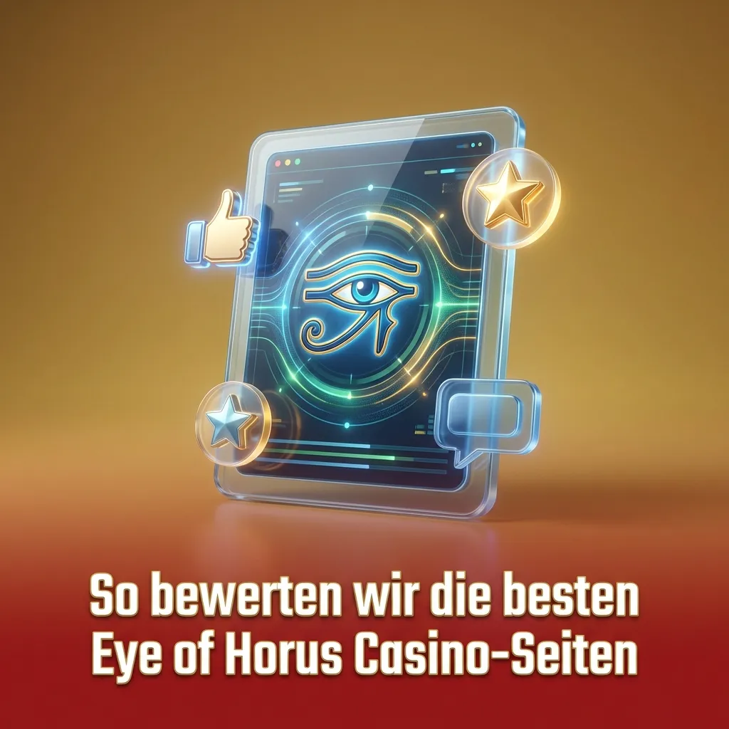 Grafik mit Checkliste und Symbolen, die Kriterien zur Bewertung von Eye of Horus Online-Casinos darstellen