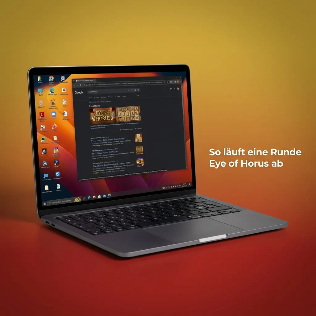 Deutsche Eye-of-Horus-Spieloberfläche mit Einsatzwahl, Spin-Button, Autoplay und Infomenü, nummerierte Schritte daneben
