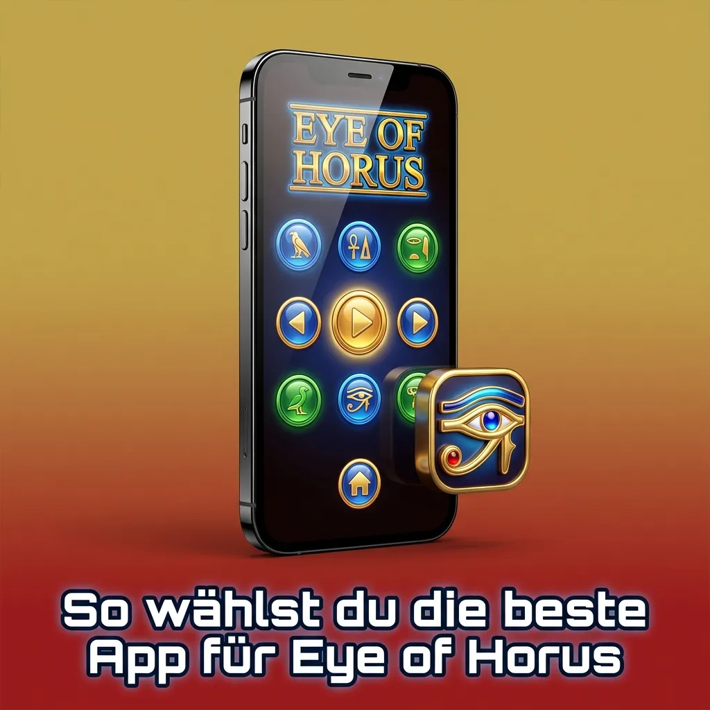 Smartphone mit Eye of Horus Slot-App, daneben Checkliste mit Lizenz, Zahlungen, Bonus, Support und Spielsucht-Tools