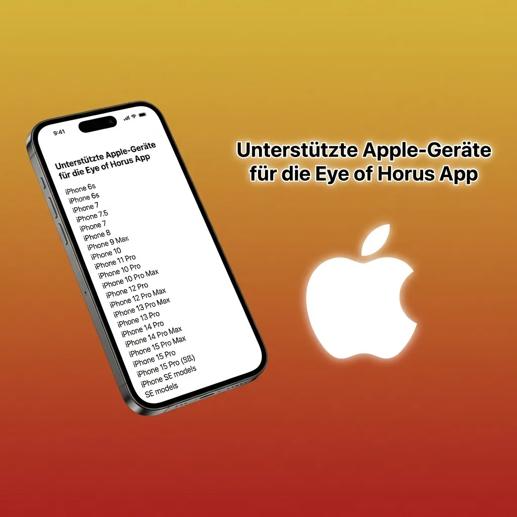 Grafik mit iPhones und iPads, die zeigen: Eye of Horus App läuft auf iOS 12+ Geräten flüssig und per Touch steuerbar