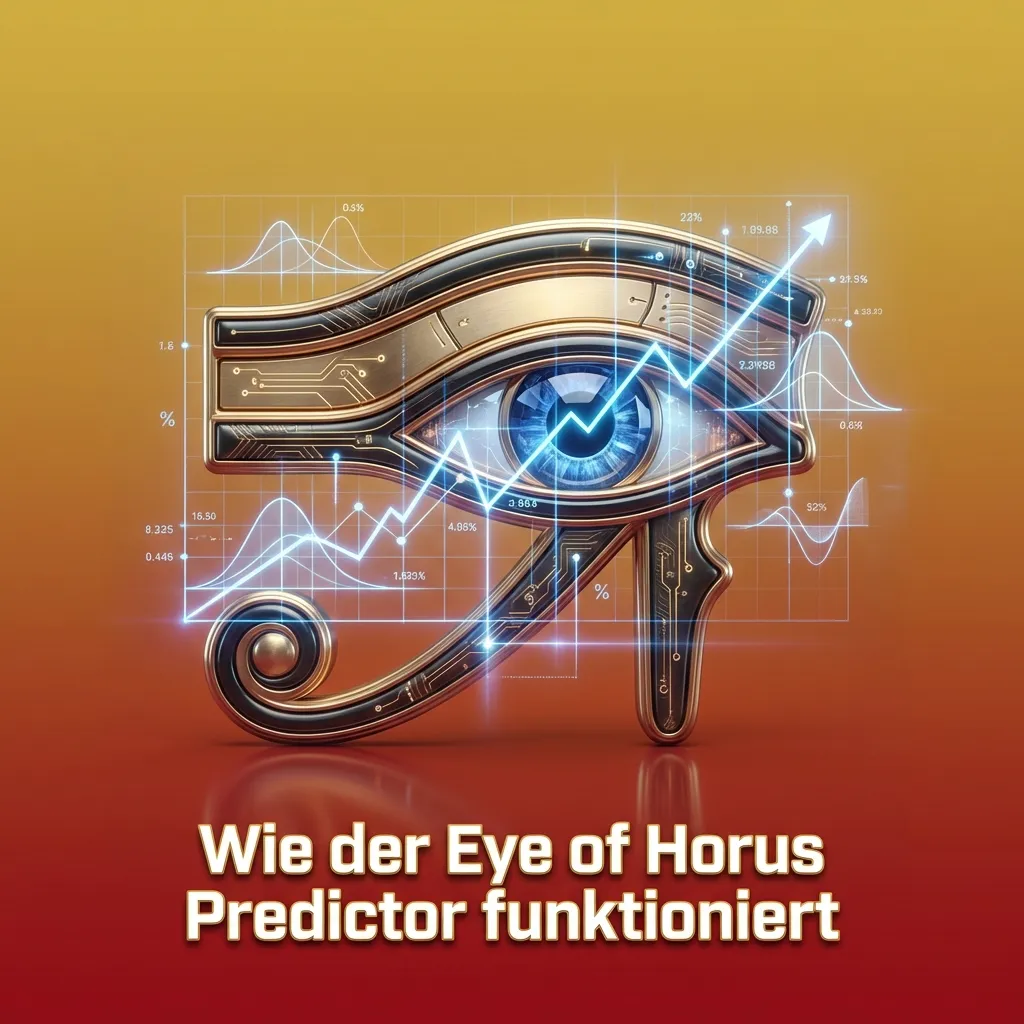 Infografik zum Eye of Horus Predictor: Datenanalyse, Wahrscheinlichkeiten, Einsatzempfehlungen, Hinweis auf kein garantierter Gewinn