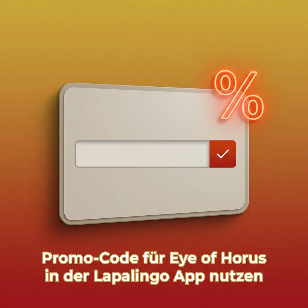 Smartphone zeigt Lapalingo App mit Eye of Horus Slot und eingegebenem Promo-Code „HORUS2024“ im Bonusfeld