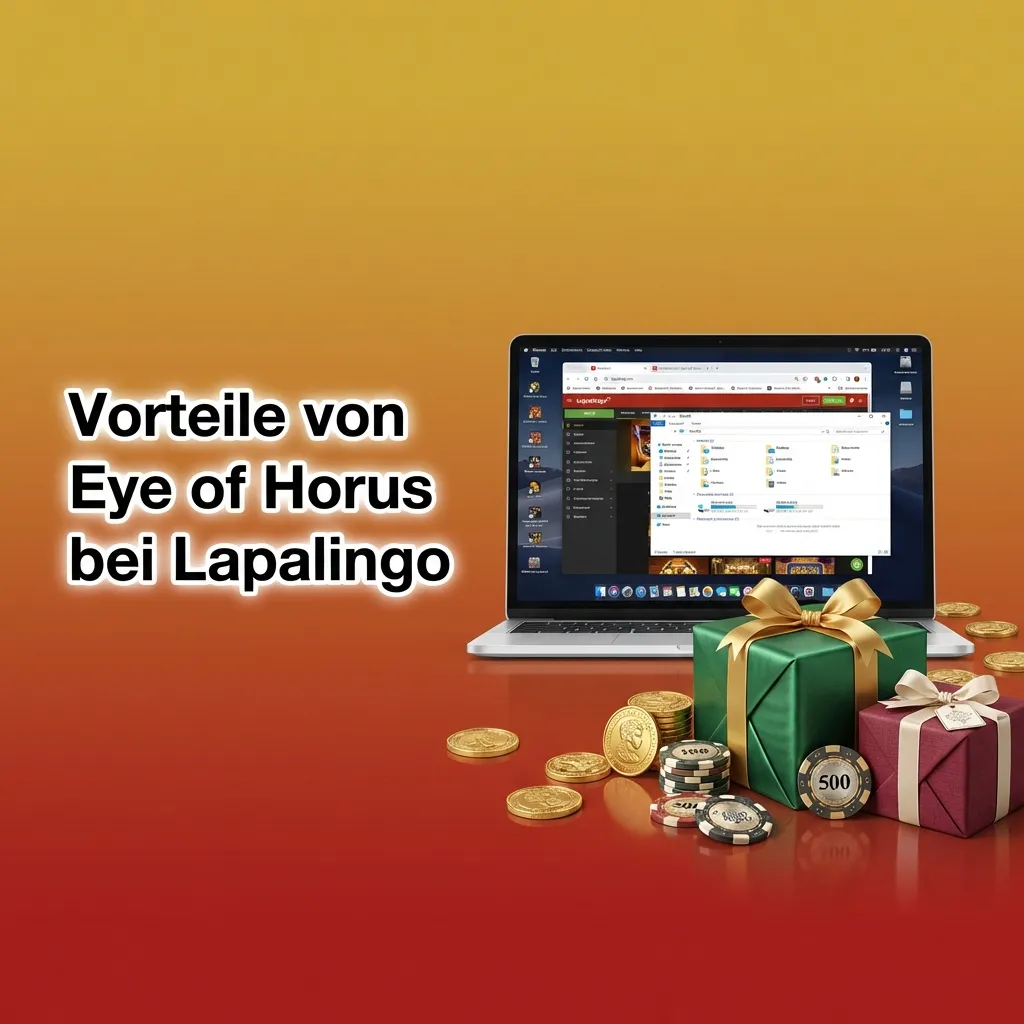 Grafik zu Eye of Horus bei Lapalingo mit Vorteilen wie Bonus, Demo-Version, Support und mobiler Nutzung in Stichpunkten
