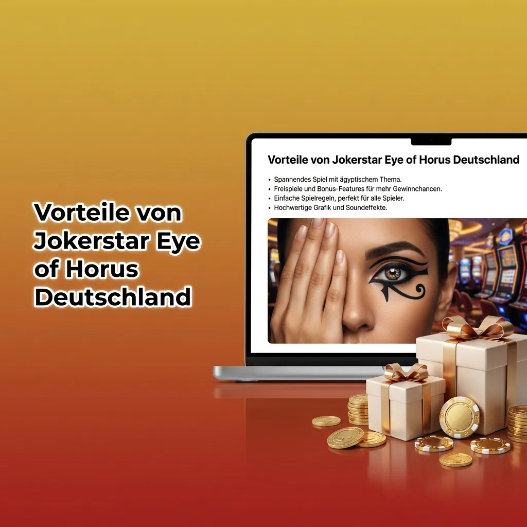 Infografik: Vorteile von Jokerstar Eye of Horus Deutschland mit Lizenz, hoher Auszahlung, Support, Demo und mobilen Optionen